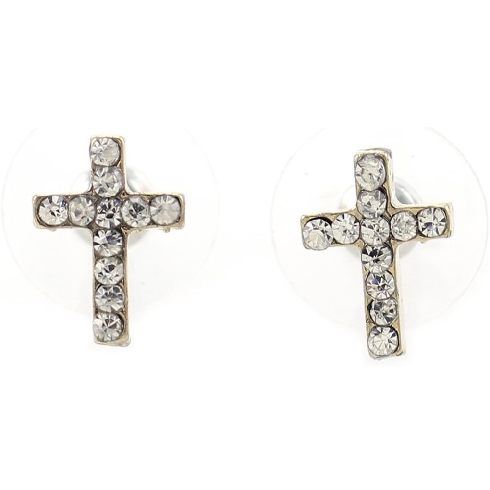 Clear Crystal White Religious Catholic Christian Cross Earrings Stud Vintage